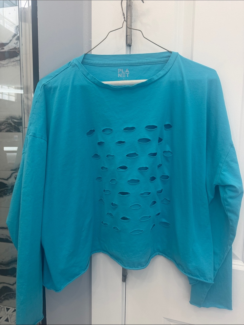 Planet Turquoise Distressed Cropped Sweatshirt